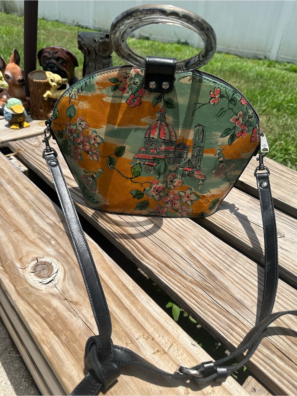 Patricia Nash Floral Cityscape Dome Crossbody Bag in Green and Mustard